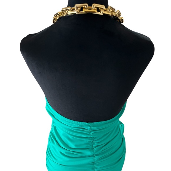 Green Ruched Dress with Gold Chain halter Straps, Large,New - Picture 4 of 6
